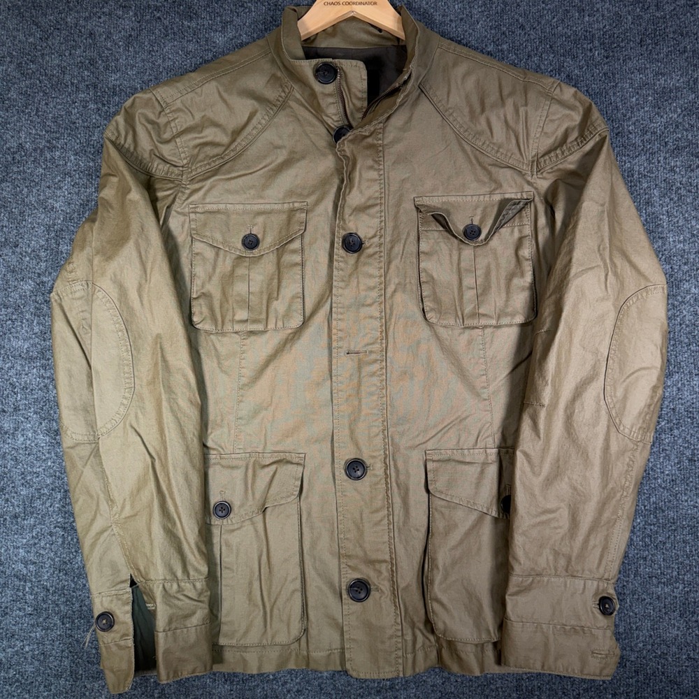 Banana Republic Field Jacket Mens L Brown Linen Cotton Coated Utility Mock Neck